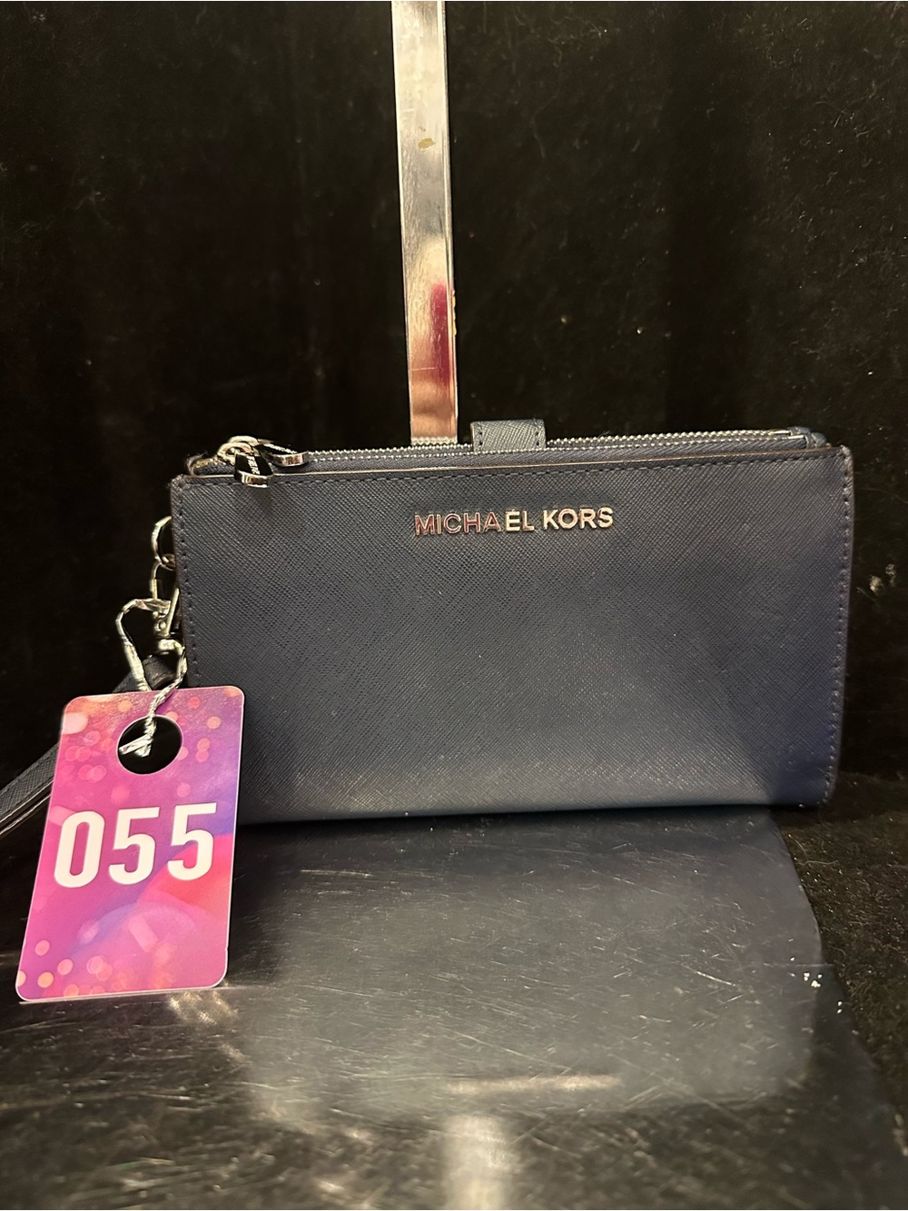 Michael Kors#055 Jet Set Double Zip Navy Saffiano Wristlet Wallet